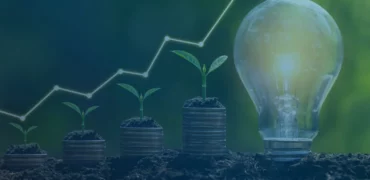 Graph going up, lightbulb on green background