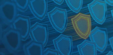 Shields on a blue background, one is orange