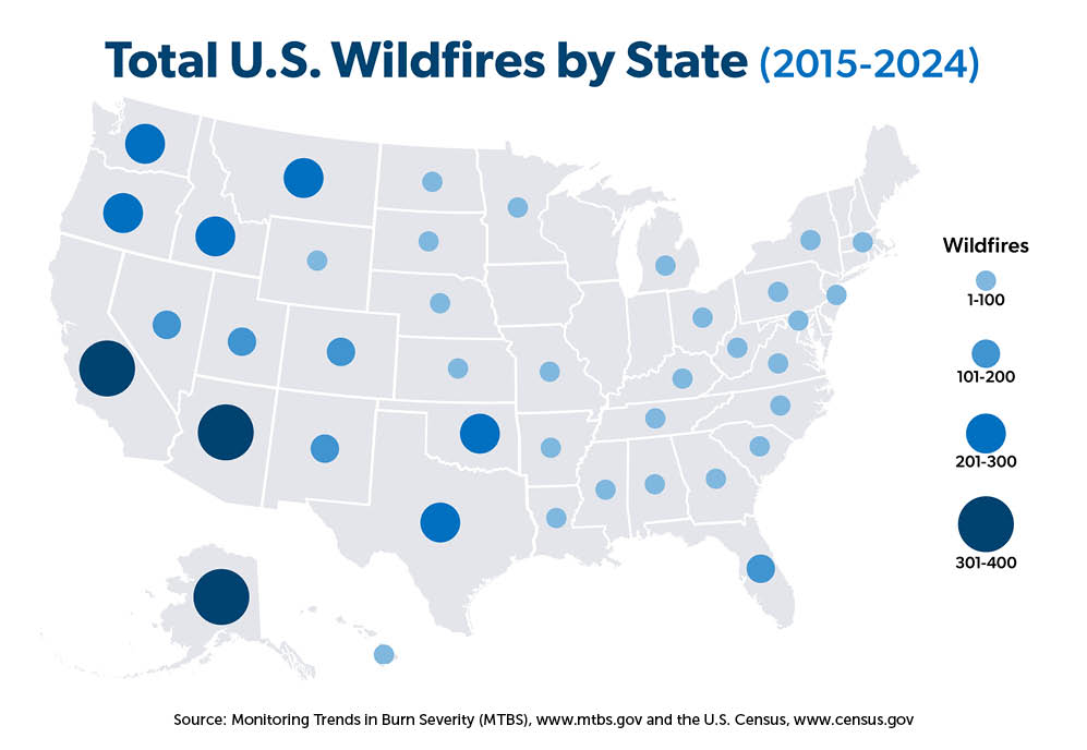 Total U.S. Wildfires by State (2015-2024) map 
