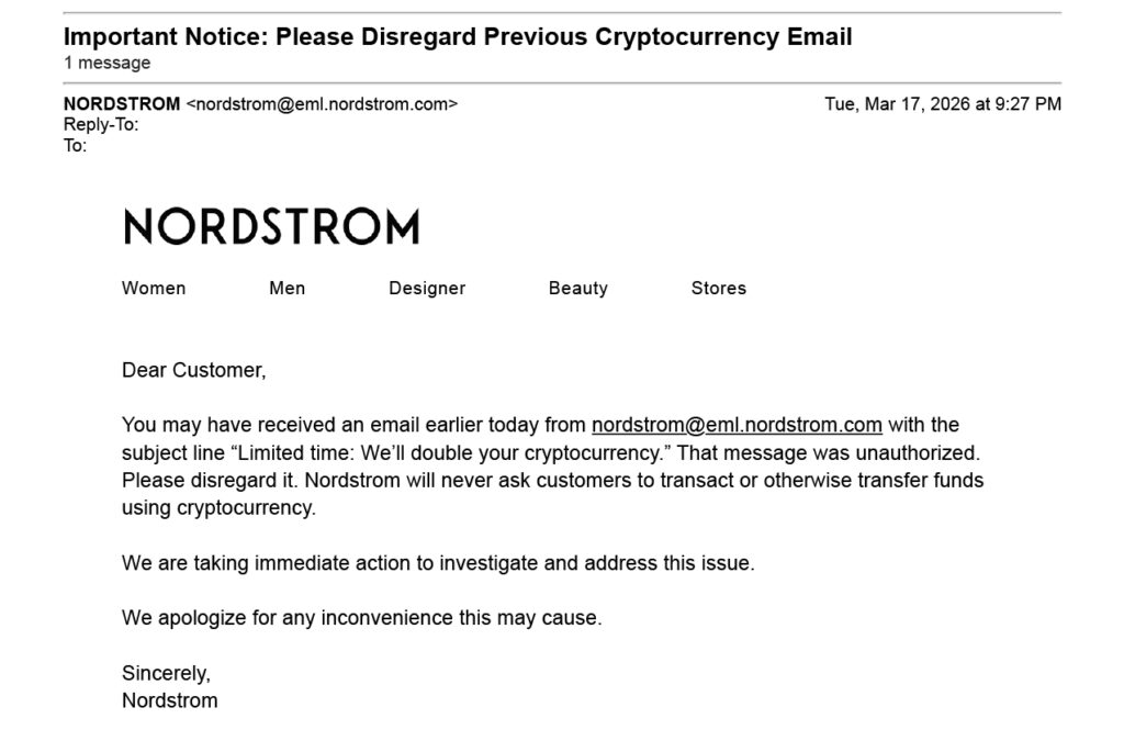 Message about fake email and crypto scam